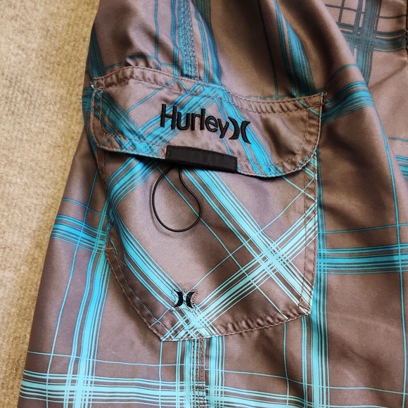 Hurley Boardshorts Mens 32 Gray Blue Plaid Swim Trunks Drawstring Pocket - Picture 3 of 7
